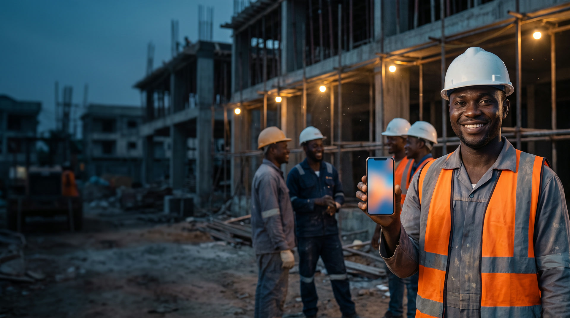 A smiling Nigerian site foreman in a hard hat holds up his phone while colleagues laugh behind him on a construction site at dusk